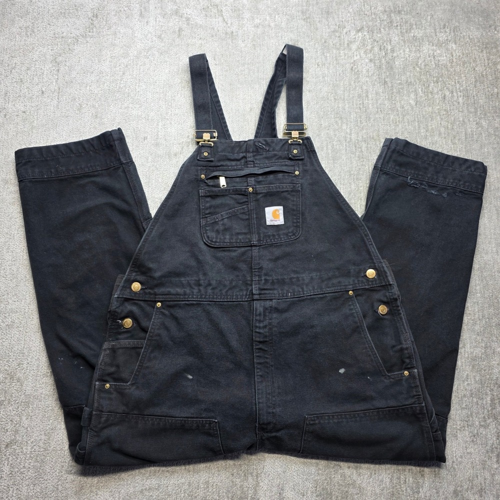 Carhartt Mens Black Duck Canvas Bib Overalls Workwear R01 BLK 40x30 Utility - Picture 1 of 14